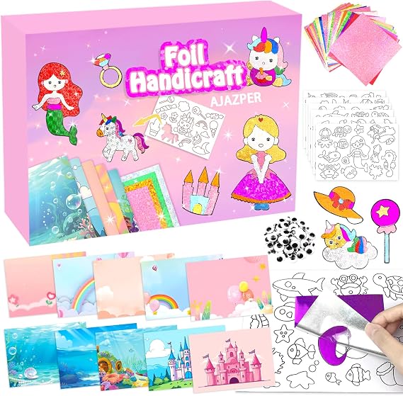 AJAZPER Foil Handicraft for Kids, Arts Kit for Kids, Art & Craft Supplies Kits, DIY Creative Activity Travel Toy Gift, Ideal Birthday Christmas Party Favor Gifts for Girls Boys Ages 4+ (Pink)