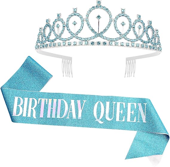 CIEHER Birthday Crown,Birthday Queen Sash & Rhinestone Tiara Kit for Women Girls,Tiaras and Crowns for Women,Blue Queen Crown,Princess Elegant Crown with Combs,Birthday Party Decorations