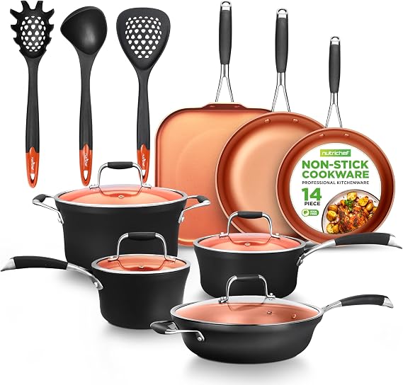 NutriChef 14-Piece Nonstick Kitchen Cookware Set PFOA/PFOS-Free, Copper/Hard-Anodized, Induction Compatible, Stackable, Luxury Design, Includes Pots, Pans, Jumbo Cooker, Griddle, and Utensils