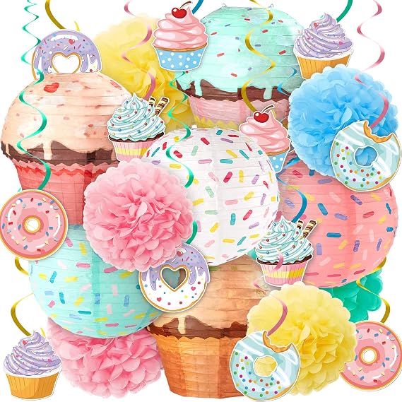 36 Pcs Donut Cupcake Party Hanging Paper Lanterns Sweet Birthday Decoration
