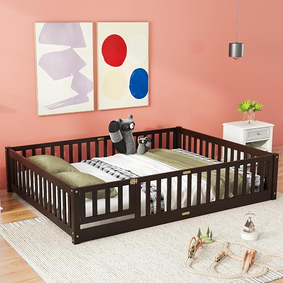 Queen Size Floor Bed with Door and Fence for Kids, Montessori Floor Bed with Slats and Safety Guardrails,Solid Wood Queen Bed Frame for Girls BoysQueen,Espresso