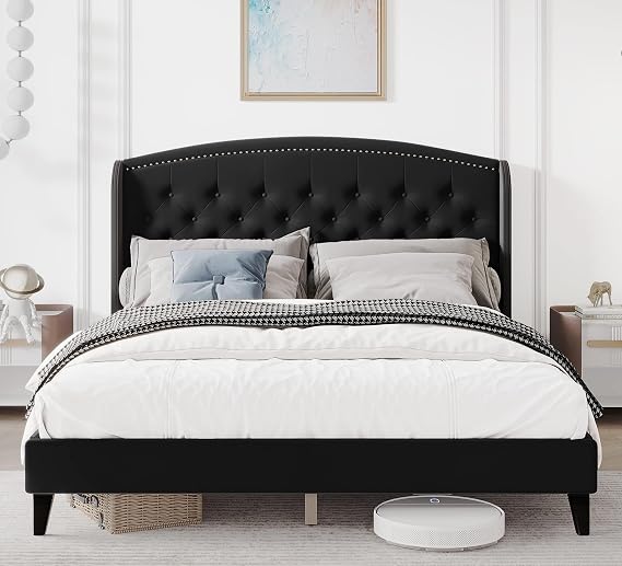 Full Size Bed Frame, Upholstered Platform Bed with Wingback Headboard and Button Tufted Design, Wood Slat Support, Easy Assembly, No Box Spring Needed, Black