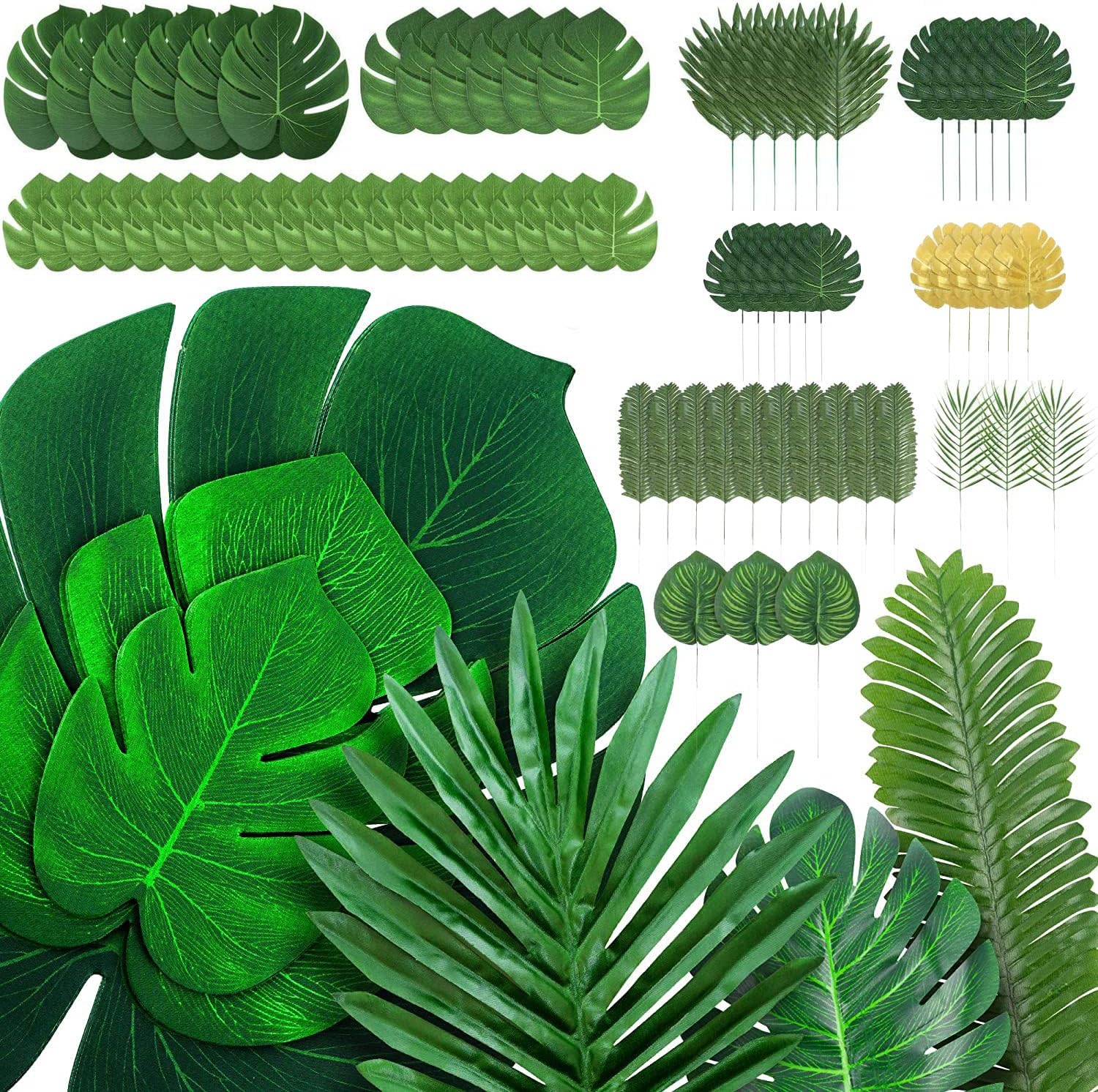 ARIATI 70 Pieces 10 Kinds Tropical Artificial Palm Jungle Leaves with Stems Faux Monstera Safari Leaves Plant Simulation Beach Birthday Jungle Hawaiian Baby Shower Luau Party Wedding Decorations