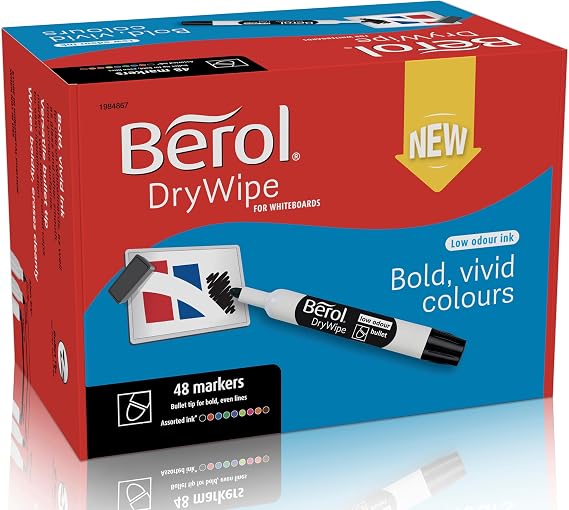 Berol DryWipe Whiteboard Marker Pens | Bullet Tip | Assorted Colours | Low-Odour Ink | 48 Dry Erase Markers
