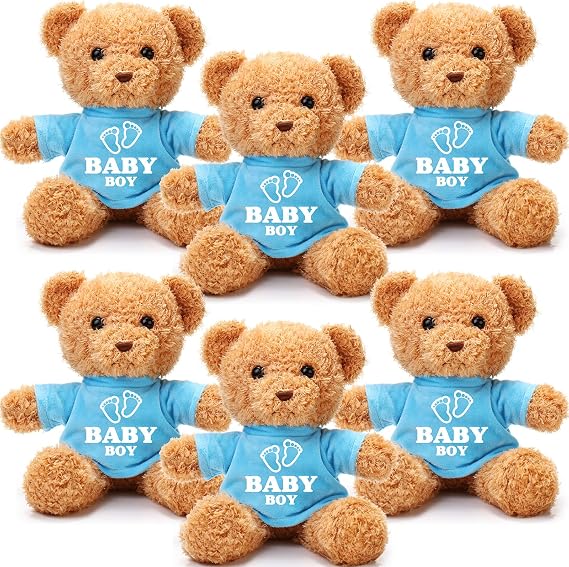Silipull 6 Pcs Baby Shower Bear Bulk 12 Inch Stuffed Animal Bear Cute T Shirt Plush Toy Gift Fluffy Decorations for Shower Birthday Gender Reveal Party Favors(Baby Boy)