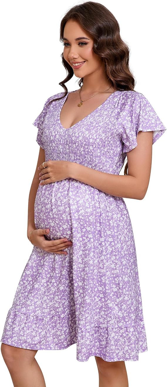 KOJOOIN Women's Maternity Smocked Long Sleeve Ruffle Dress V Neck Fall Casual Flowy Midi Dress for Baby Shower Photoshoot