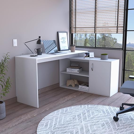 L Shaped Desk, Single Door Cabinet, Two Open Shelves, Two Interior Shelves, White