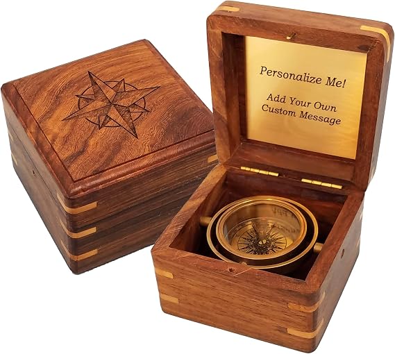 Engraved Antique Brass Desk Compass Keepsake in Wooden Box Inspirational Personalized Compass Gift for Graduation, Baptism, Confirmation, Mentor, Leadership, Employee Appreciation