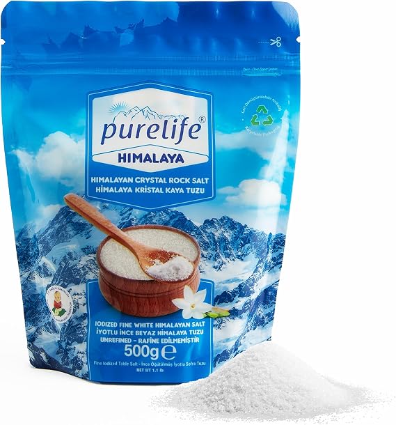 Purelife Himalaya Tuzu İyotlu İnce Kristal Kaya Tuzu Beyaz 500gr | | Gurme | Rafine Edilmemiş | Mineralli Doğal Tuz | Recyclable & Zip’li Ambalaj