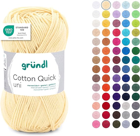 Gründl Wool Cotton Quick Plain - Thin Wool for Crocheting - Knitting Yarn - Crochet Yarn - Shiny and Skin Friendly - 100% Cotton - 1 Ball 50 g / 125 m - Needle Size 3-4 - Pastel Yellow