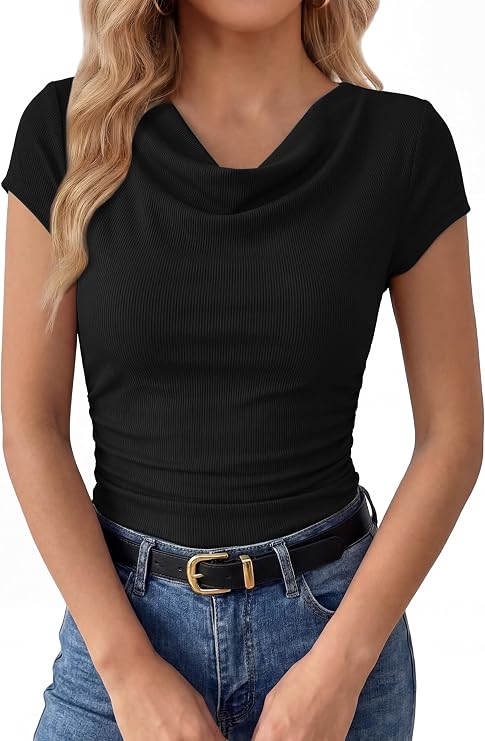 Womens Summer Tops Cowl Neck Short Sleeve Ruched T-Shirts Ribbed Knit Fitted Shirts Business Casual Work Going Out Top