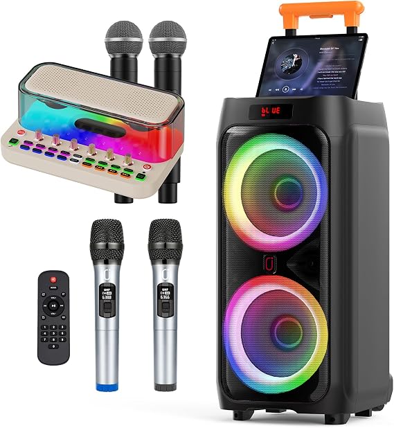 JYX 24" Big Karaoke Machine & Mini Karaoke Machine with 4 Wireless Microphones, for Adults & Kids, Home Party Meeting Garhering Outdoor