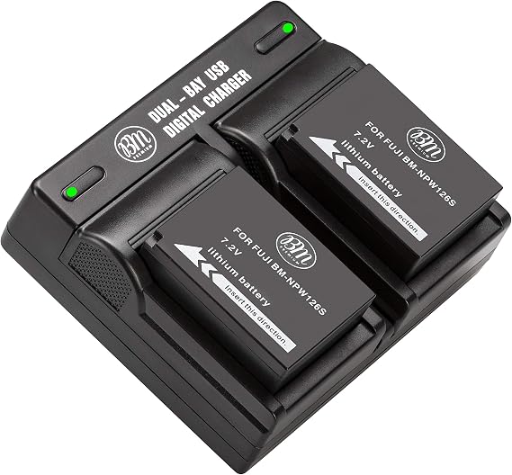 BM 2 NP-W126S Batteries and Dual Bay Charger for Fujifilm FinePix X Half, X-E5 X-100F X-100V X100 VI X-S10 X-A7 X-H1 XT2 X-T3 X-T10 X-T20 X-T30 X-T30 II X-T30 III X-T50 X-T100 XT-200 X-A10 X-E2S X-E3