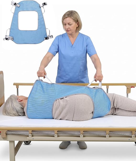 O-Shaped Transfer Sheet with Reinforced Handles, Blue | Breathable Mesh Positioning Sheet with Wide Shoulder Design, Washable Repositioning Draw Sheet for Bedridden Patients
