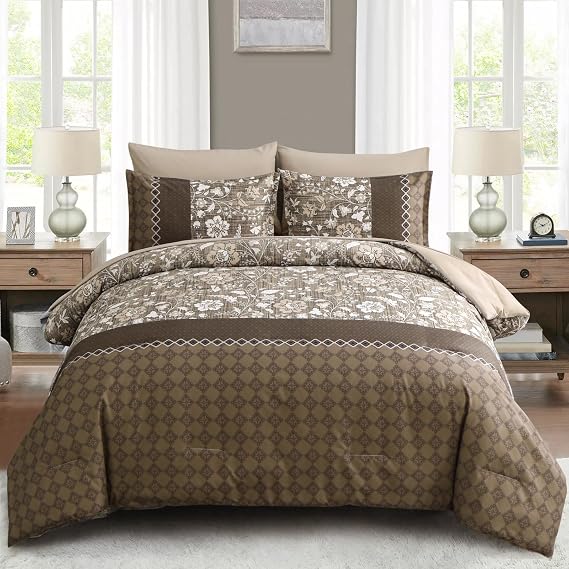WONGS BEDDING Brown Comforter Set Queen, 7 Pieces Bed in a Bag Floral Patchwork Soft Microfiber Queen Sheet Set with Comforter, Flat Sheet, Fitted Sheet, Pillow Shams,Pillowcases