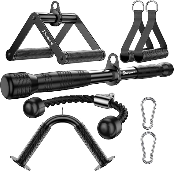 Cable Machine Attachments Set for Home Gym - LAT Pulldown V-Shaped Bar, Rotating Straight Bar, Rotating V Handle, Nylon Tricep Rope, Single D Handles with Straps & Carabiners