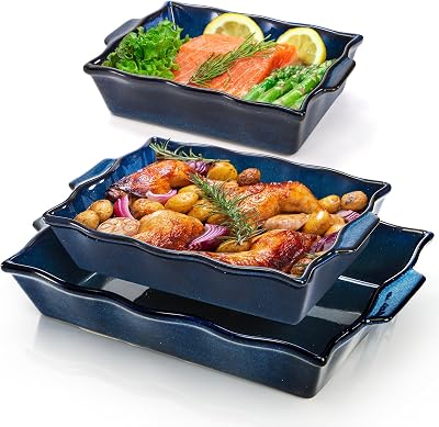Peohud 3 Pack Casserole Dishes for Oven, Ceramic Baking Dishes with Handles, Heavy Duty Rectangular Lasagna Pan, Porcelain Bakeware Sets for Cooking, Cake Dinner, Kitchen, Blue
