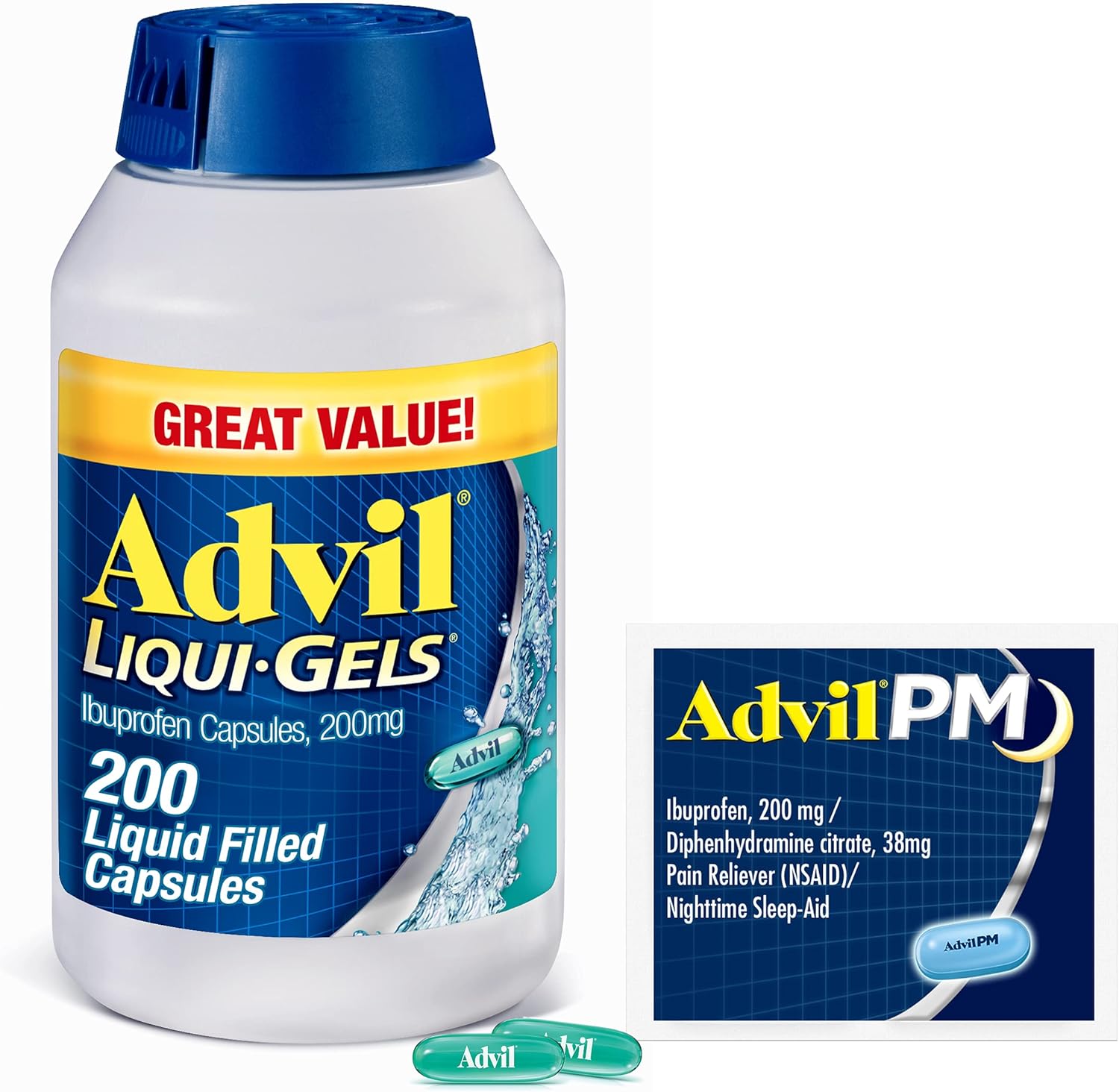 Advil Liqui-Gels Pain Reliever and Fever Reducer, Pain Medicine for Adults with Ibuprofen 200mg for Headache, Backache, Menstrual Pain and Joint Pain Relief - 200 Capsules, Advil PM Ibuprofen - 2 Ct