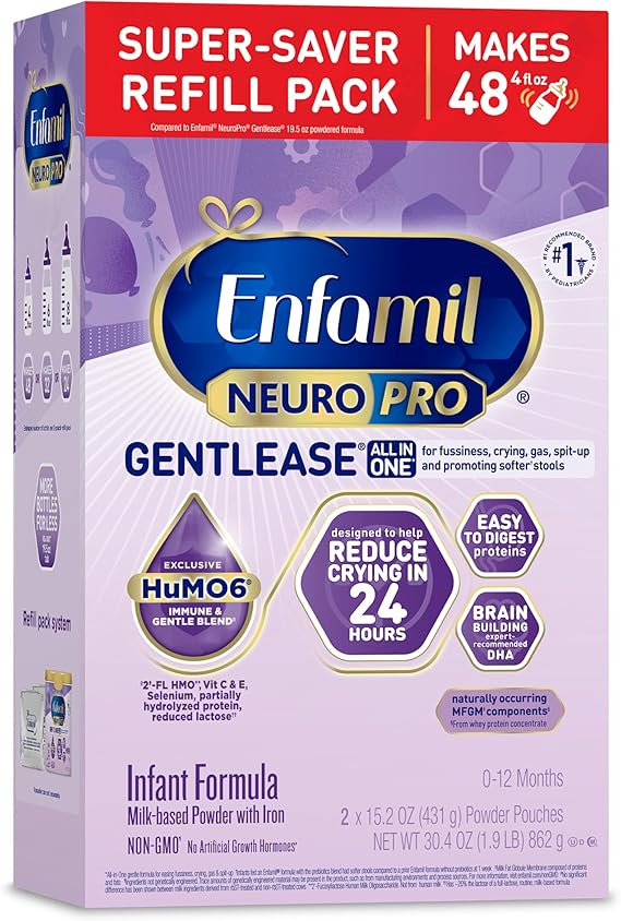 Enfamil NeuroPro Gentlease for easing Fussiness, Crying, Gas, Spit-up in 24 Hrs, Smaller Proteins for Easy Digestion, Brain Supporting DHA, Prebiotic Blend, HuMO6, Baby Formula, Powder Refill Box, 30.4 Oz