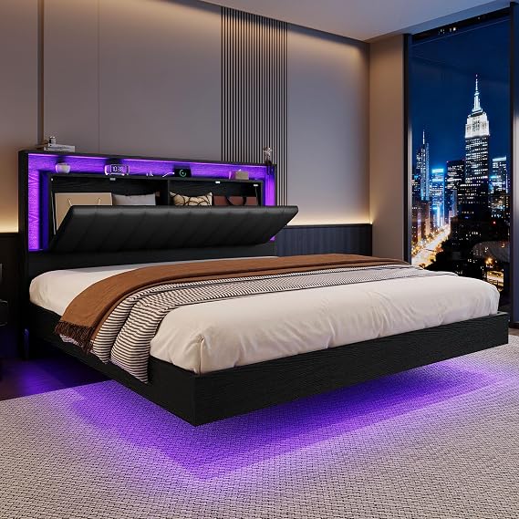 Belffin Queen Size Floating LED Bed Frame, Modern Bed with Storage, Black