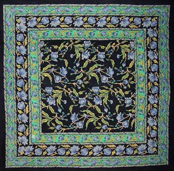 India Arts French Floral Square Cotton Tablecloth 60" x 60" Blue on Black