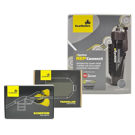 Scottoiler eSystem REP Connect Plug and Play Automatic Motorcycle Chain Oiler for use with Hex ezCAN, Denali CANsmart and LoneRider MotoCAN + Scorpion & Traveller Accessories Bundle
