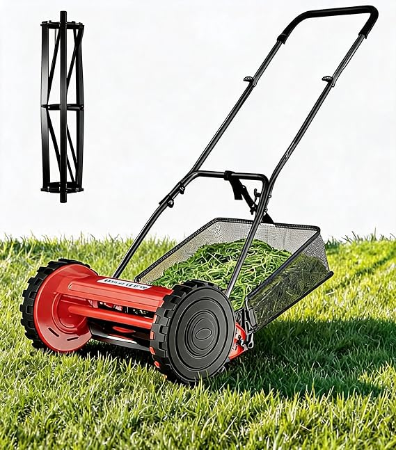 14" Manual Reel Mower | 5-Blade Precision Cut, Adjustable Height (0.6-1.75") | Superior Grass Catcher, Quiet & Eco-Friendly for Small Lawns