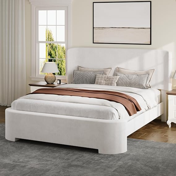 BarnFurin Full Size Bed Fram with Curved Headboard,White | Velvet Upholstered Platform Bed with Curved Footboard, Quiet & Stable Support, Easy Assembly, No Box Spring Needed