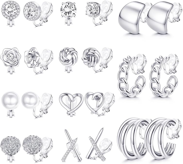 11 Pairs Clip on Earrings for Women 14K Gold Plated Clip Earring | Hypoallergenic Earrings for Non Pierced Ears, Chunky Cubic Zirconia Pearl Knot Flower Fake Ear Clips Set Jewelry