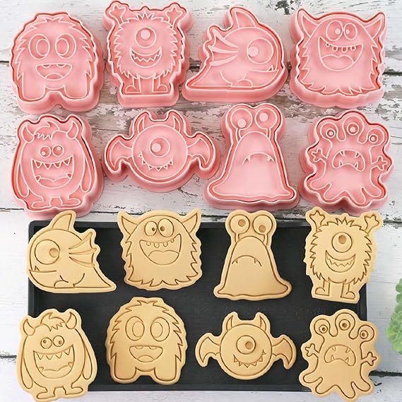 8 Piece Mini Halloween Cookie Cutters, 3d Monster Raised Design Cookie Stamps, Cookie Cutter Set suitable for Frosting Decoration, Day of The Dead Decorations Halloween Monsters