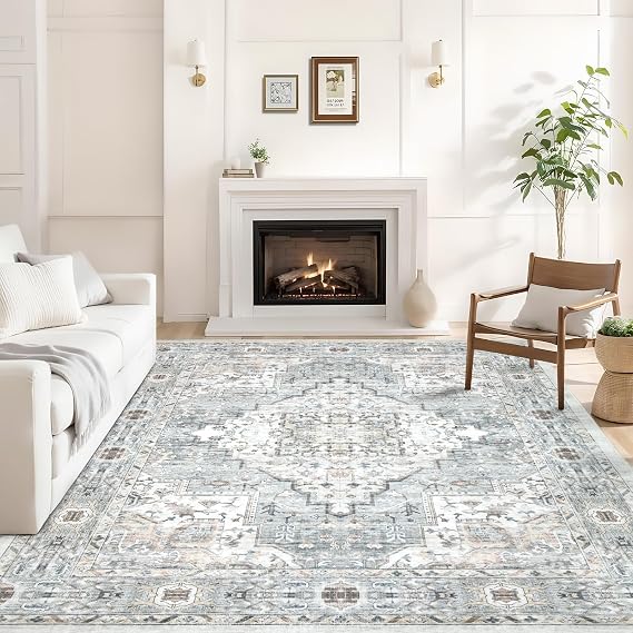 Area Rug 810 Washable Rugs for Bedroom Blue Green Multi | Vintage Floral Rug Soft Non Slip Stain Resistant Carpet for Living Room Dinning Room Kitchen Home Office