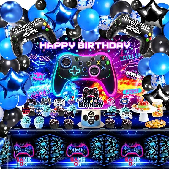 Video Game Birthday Decorations - Game Birthday Party Decorations Includes Backdrop, Foil Balloons, Tablecloth, Cake Toppers, Balloon Arch Kit for Game Birthday Party