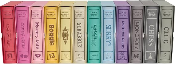 WS Game Company 12-Game Vintage Bookshelf Collection - Classic Board Games Bundle for Adults & Kids - Includes Scrabble, Monopoly, Clue, Yahtzee, Catch Phrase, Chess and More in Elegant Display Cases