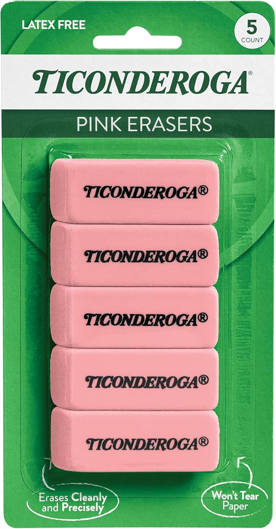 Ticonderoga Wedge Erasers, Pink, 5/Pack | Ideal for writing, drawing, schoolwork, classrooms and office use