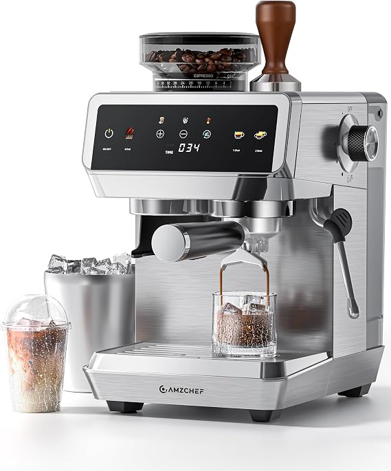 AMZCHEF Espresso Machine With Grinder, Temp Control, 44 Grind Settings