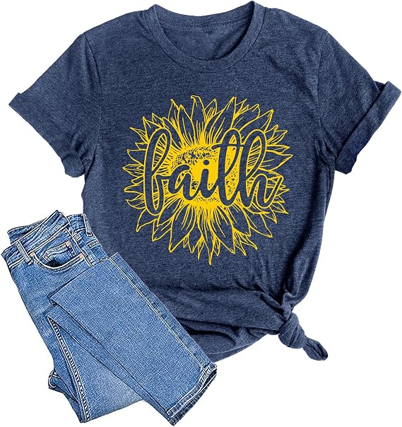 LAZYCHILD Womens Graphic Tees Sunflower Shirts Vintage Flower Graphic Tees Shirts Inspirational Tees Casual Faith Shirt Tops