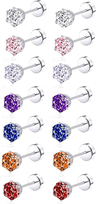 Tornito 7-14 Pairs Stainless Steel CZ Stud Earrings for Women Multicolor Cubic Zirconia Cartilage Helix Earrings Set Screwback 4MM