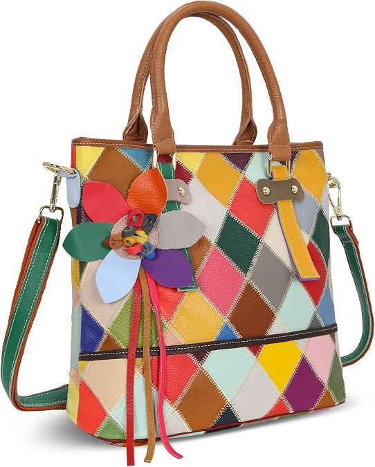 HESHE Leather Hanbags for Women Colorful Purse Large Tote Hobo Shoulder Bag | Genuine Leather Handbags Large Capacity Multicolor Tote Purse Random Color Hobo Bag Designer Sathel for Travel and Daily Use