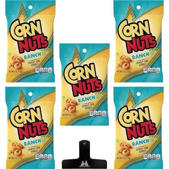 Corn Nuts Ranch Flavored Crunchy Corn Kernels - 4 oz Bags (Pack of 5) - With Mighty Merchandise Bag Clip