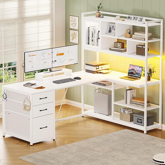 SEDETA 58'' L Shaped Computer Office Desk with 3 Drawers and Bookshelf | L Shaped Corner Desk with Storage Shelves and LED Light for Home Office, Gaming, Small Space, White