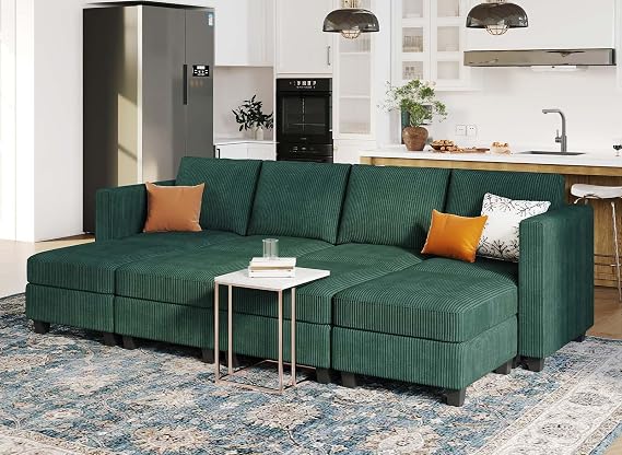 Belffin Oversized Modular Sectional Sleeper Couch, Corduroy Luxury Sectional Sofa with Storage Ottoman, Convertible Modern Sectional for Living Room, Green