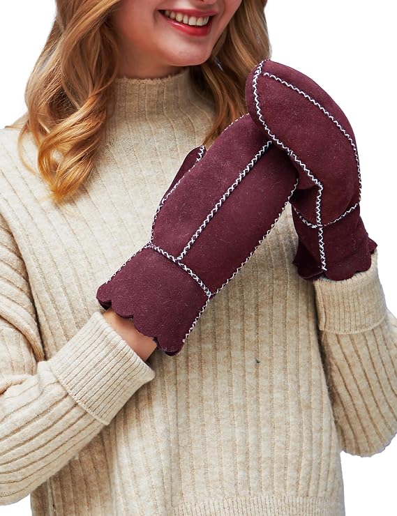 YISEVEN Womens Winter Sheepskin Leather Shearling Mittens