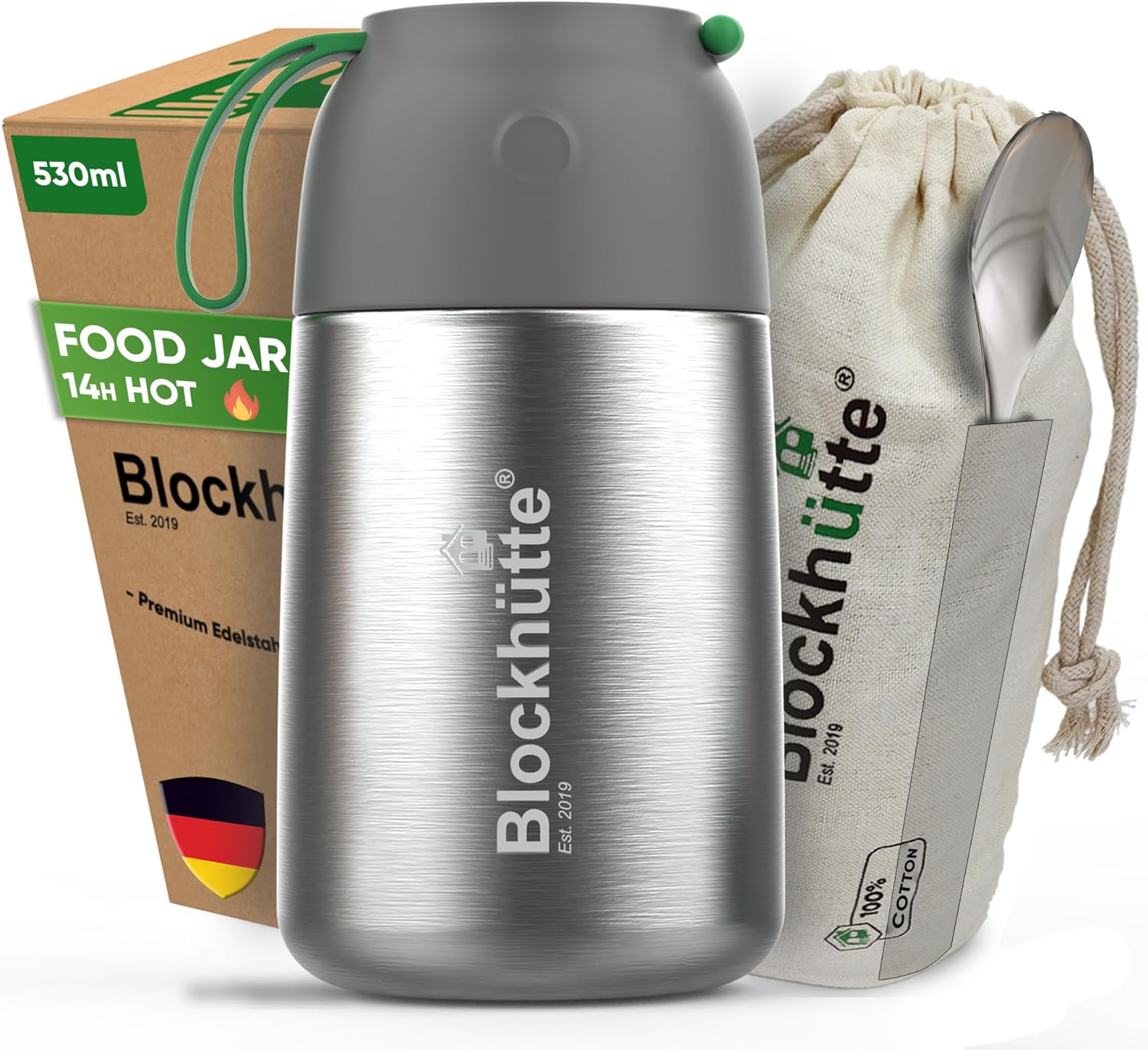 Blockhuette Insulated Food Flasks for Hot Food I 530ml I Leakproof Stainless Steel Thermal Flask, Hot Food Container with Spoon, Lunch Box BPA-Free - Ideal for Kids, Adults, Travel, Camping