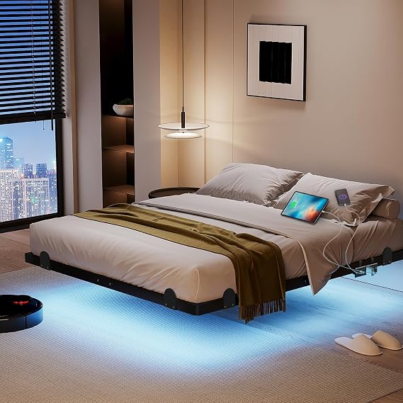 qimamo 14 Inch Floating King Bed Frame with Smart LED Lights, Charging Station, Modern Metal King Bed Frame, Easy to Assemble, No Box Spring Needed