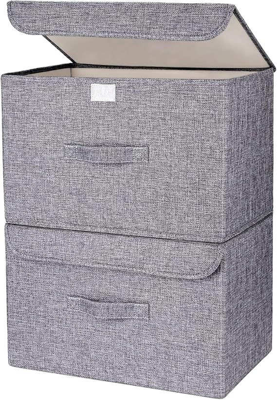 Homsorout Foldable Storage Boxes with Lids - Wardrobe Organiser Bin with Handle Fabric Basket Containers for Clothes, Book, Shelf, Office, Large x2-23.75L, Grey