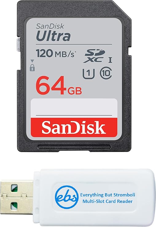 SanDisk 64GB SDXC SD Ultra Memory Card Class 10 Works with Sony Cyber-Shot DSC-WX220, WX350, WX500 Digital Camera (SDSDUN4-064G-GN6IN) Bundle with (1) Everything But Stromboli Multi-Slot Card Reader