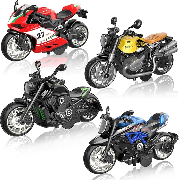 Alloy Metal Diecast Motorcycle Model Toy Set, 4 Pack of 1:12 Scale Die-Cast Motorcycles, Pull Back Function Toy Moto Bike for Kids Boys Girls and Collectors Ages 3 and up