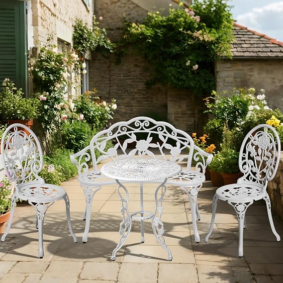 HOMEFUN 4 Piece Bistro Set, Cast Aluminum Table Chairs and Bench, White