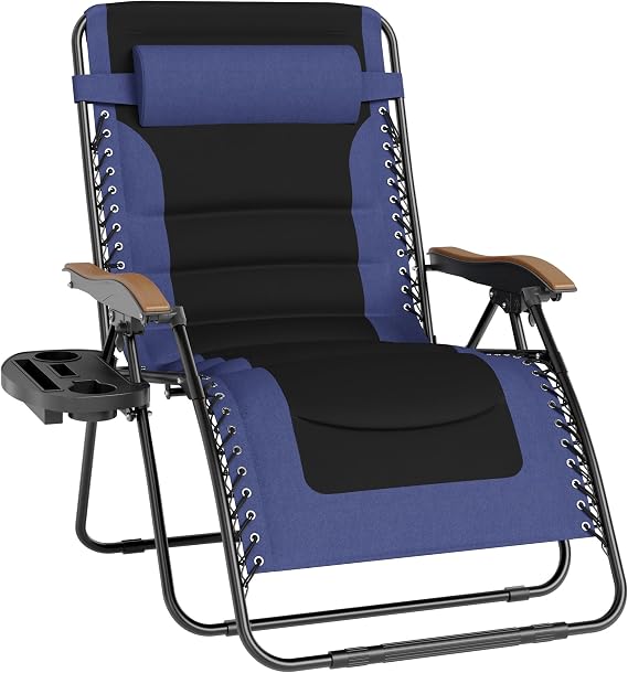 PHI VILLA XXL Padded Zero Gravity Chair, Cup Holder, Navy Blue