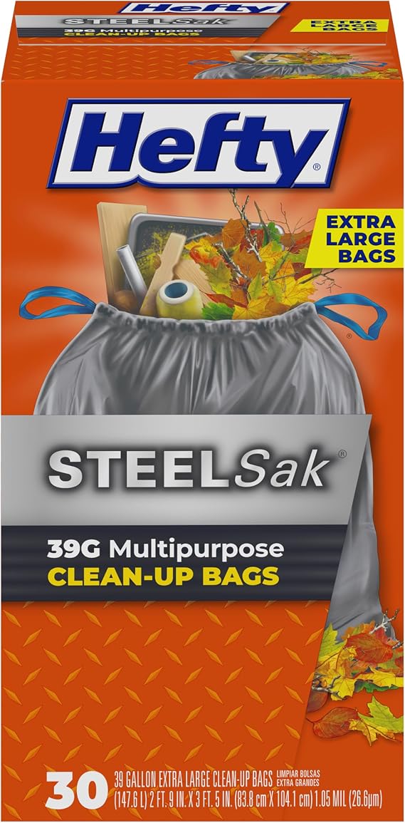 Hefty Steelsak Heavy Duty 39 Gallon Trash Bags, Gray, Unscented, 30ct | 39G Heavy Duty Trash Bags, 1.05 Mil Thick, Tear-Resistant Drawstrings, Resists Punctures, For Indoor and Outdoor Use